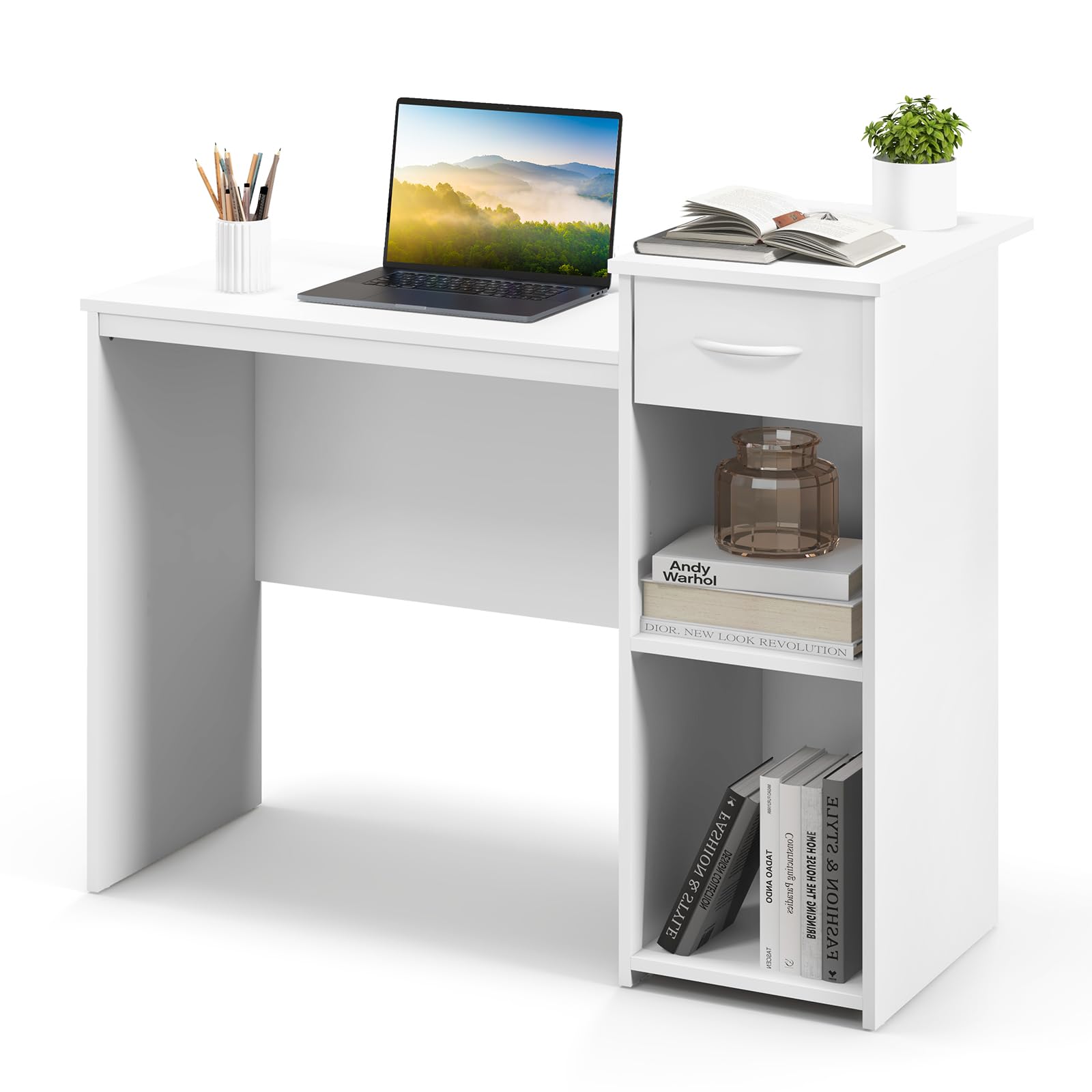 Tangkula Bureau Blanc avec Tiroir, Bureau d'Ordinateur Moderne avec Étagère Réglable et Trou de Câble, Poste de Travail Informatique en Bois pour la Maison ou le Bureau
